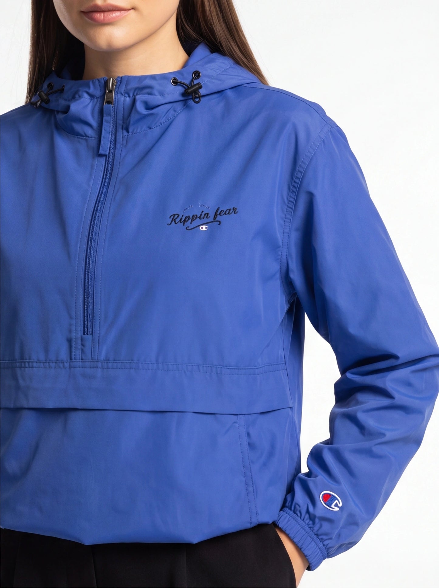 Blue jacket with a brand logo on a white background